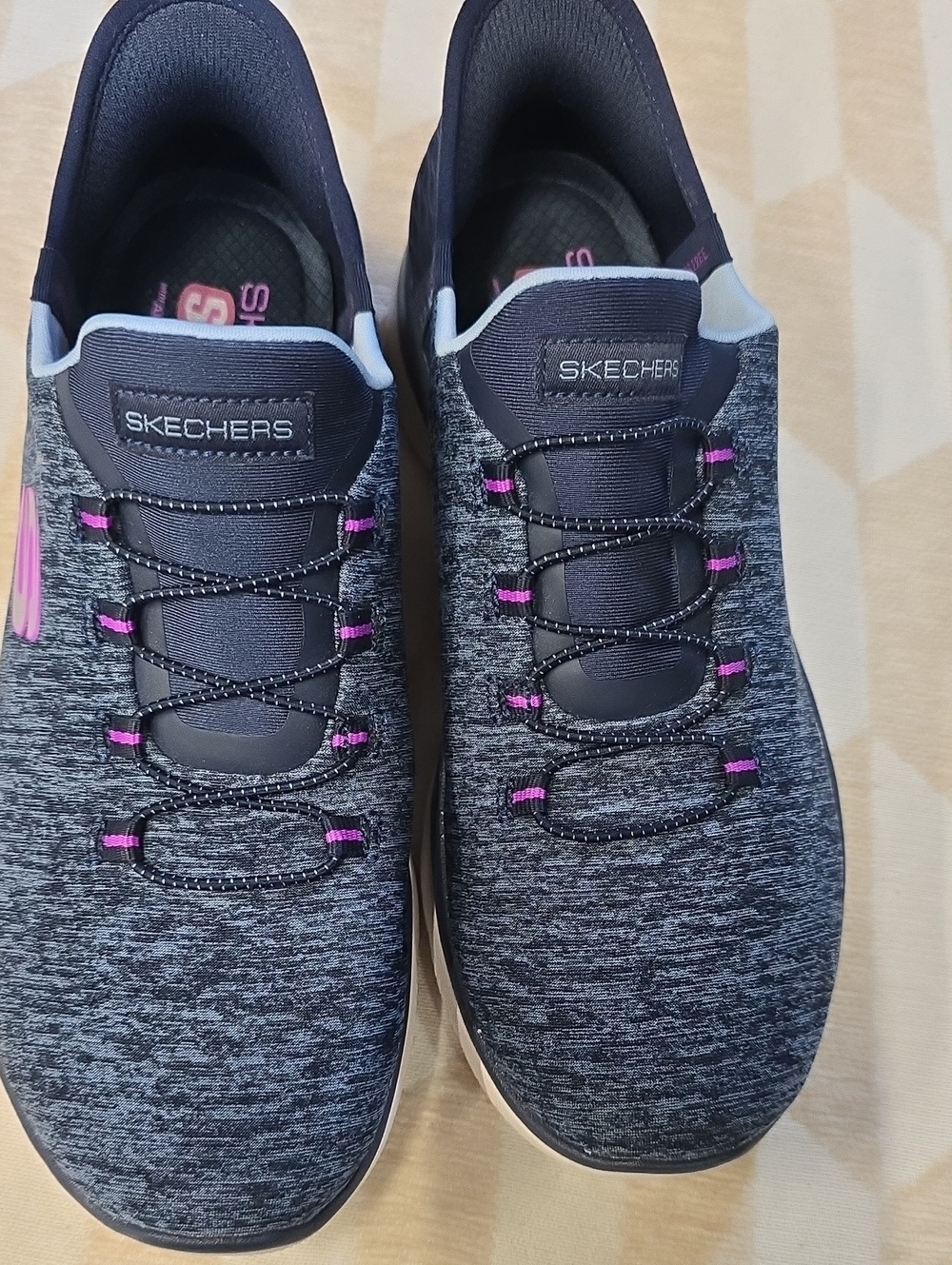 Skechers Women's Charcoal Knit Slip-On Athletic Sneakers with Pink Accents